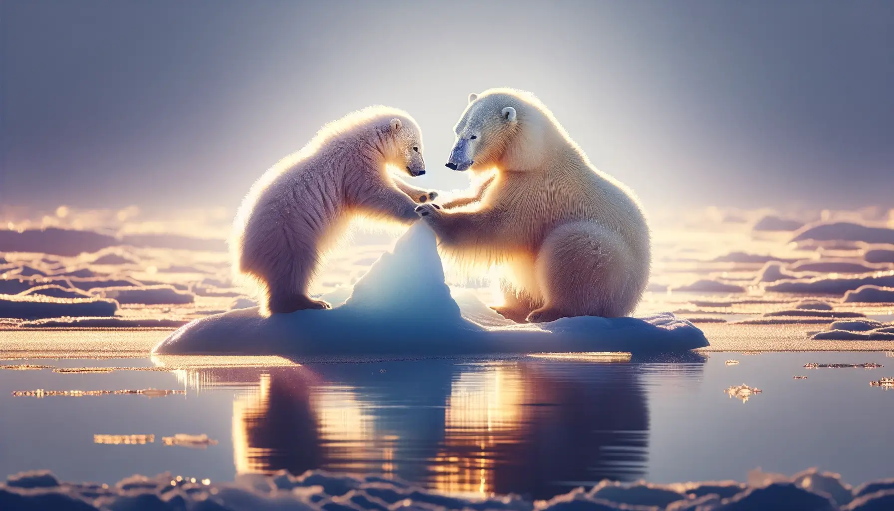 좁은 빙산 위에 있는 두 마리 곰