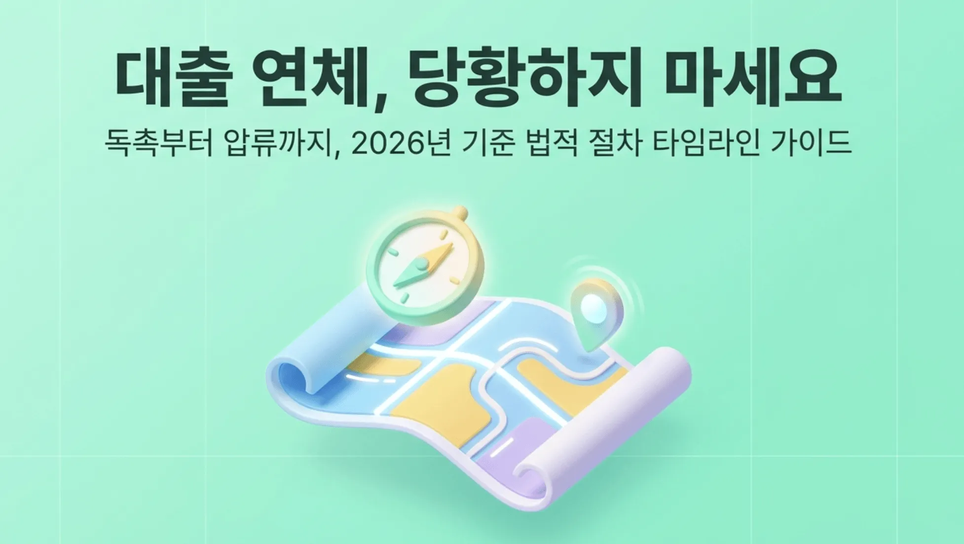 대출연체 법적진행 절차: &rsquo;대출 연체, 당황하지 마세요 &mdash; 독촉부터 압류까지, 2026년 기준 법적 절차 타임라인 가이드'라는 문구가 포함된 대표 이미지. 지도와 나침반 일러스트가 배치되어 대출 연체 법적진행 절차의 단계별 흐름을 안내하는 콘셉트를 시각적으로 전달하며, 독촉장에서 기한이익상실과 지급명령을 거쳐 강제집행과 압류에 이르는 법적진행 타임라인을 다루는 블로그 글의 내용을 설명함