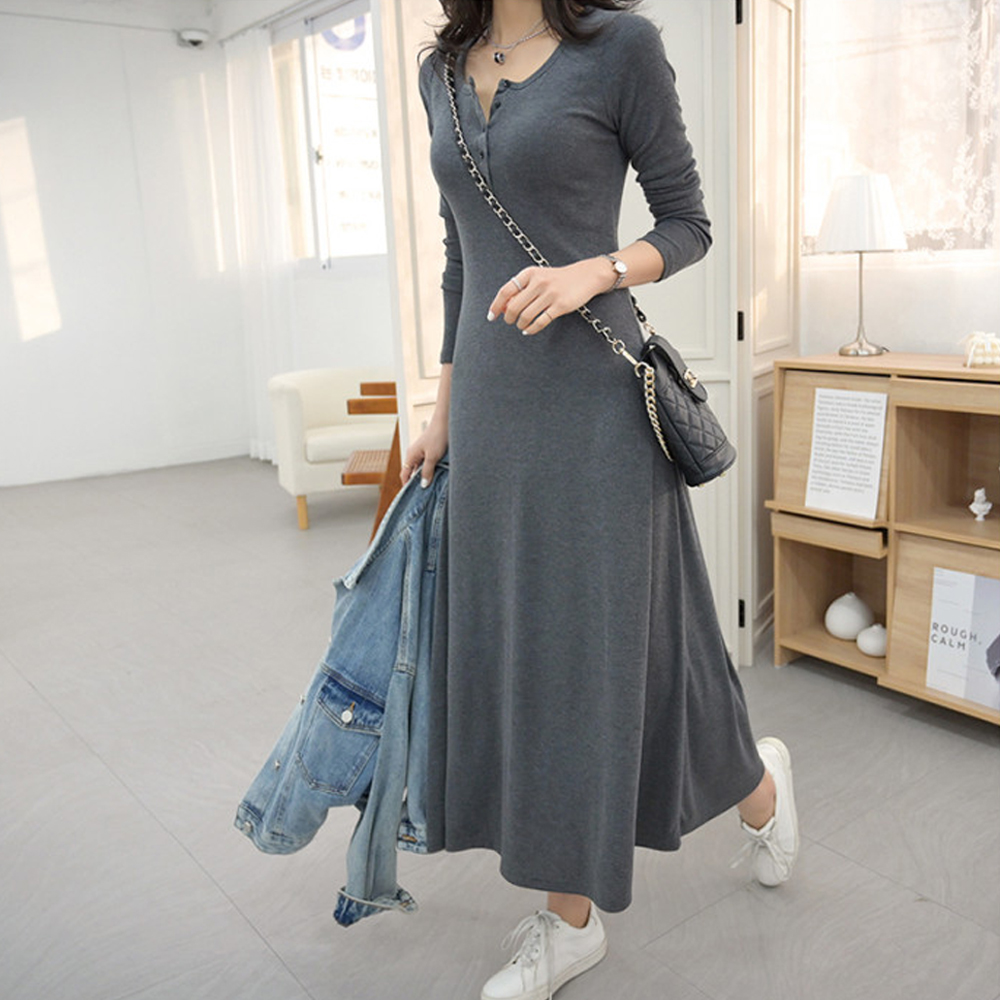 비올버튼 긴팔 플레어 코튼 기모 롱원피스 홈드레스