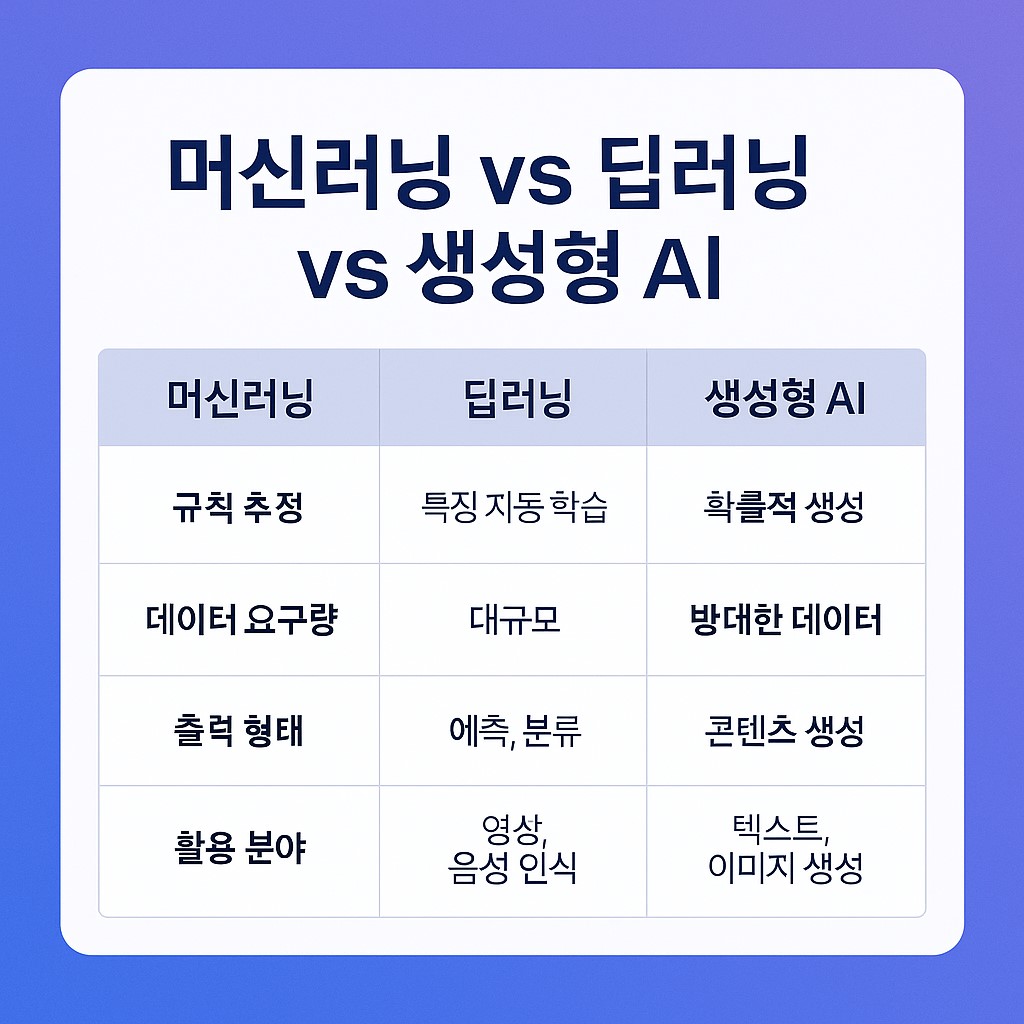 머신러닝&middot;딥러닝&middot;생성형 AI 비교표