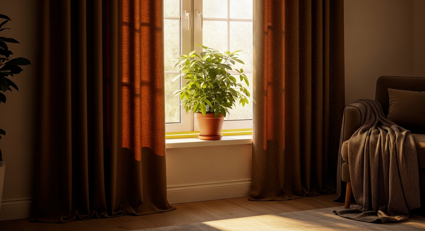 두꺼운 암막 커튼과 문풍지로 외부 바람을 완벽 차단하여 아늑하게 단열된 거실 창문.