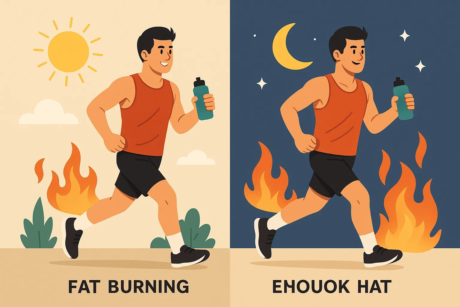 아침-운동과-저녁-운동이-체지방-연소-효과에-차이가-있음을-상징적으로-표현한-일러스트-이미지로-해가-뜬-아침과-달이-뜬-저녁에-운동하는-사람을-묘사