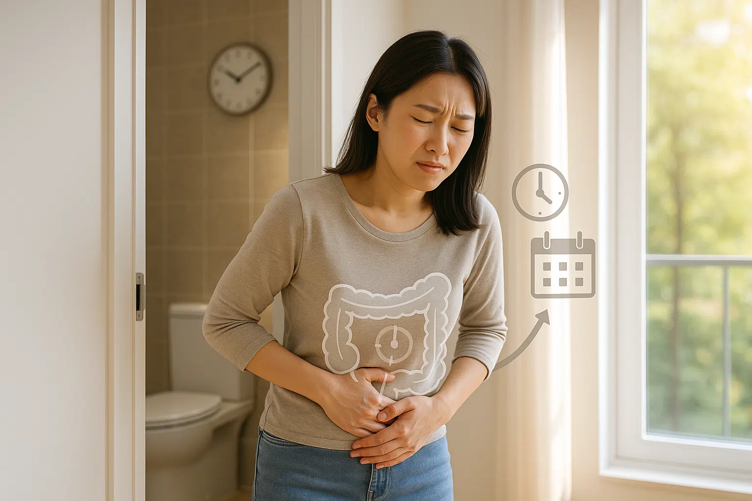 아침에 배를 부여잡고 답답한 표정의 사람, 시계와 달력이 함께 보이는 배경, 장의 시간표를 상징하는 인포그래픽 요소, 아침 햇살이 들어오는 화장실 앞에서 고민하는 모습