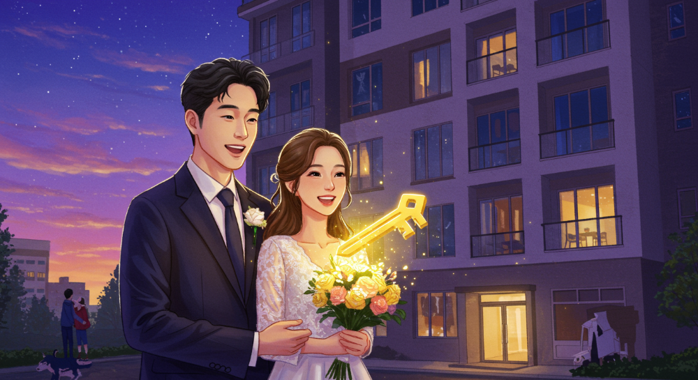 신혼부부가 새로운 보금자리 앞에서 행복하게 웃고 있는 모습, 임차보증금 지원을 통해 주거 안정을 얻은 신혼부부의 희망찬 미래를 상징.