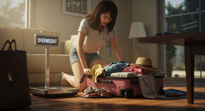 짐이 넘쳐나 닫히지 않는 캐리어 앞에서 좌절하는 여성