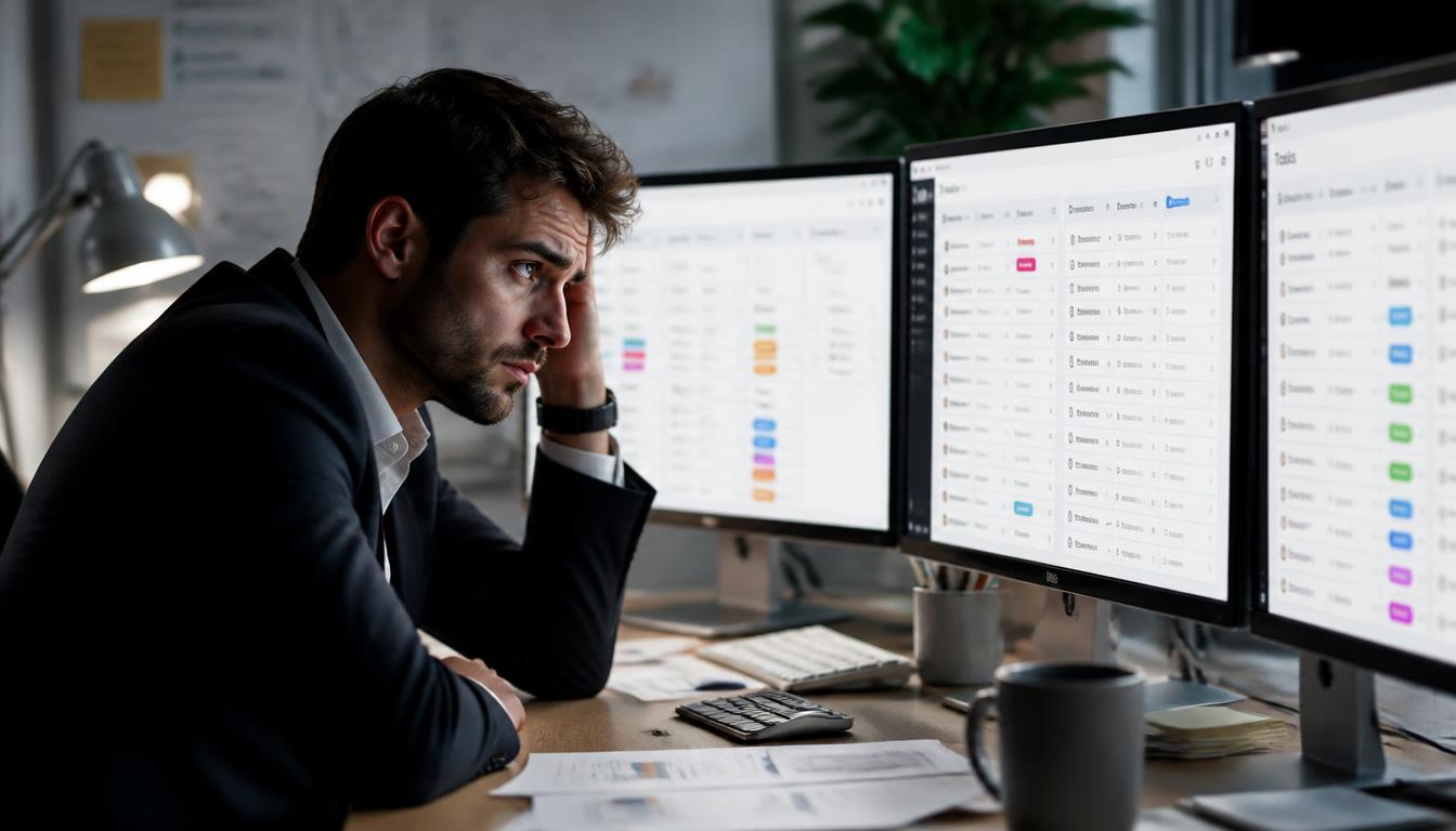 A professional experiencing mental exhaustion and distraction from constant notifications.