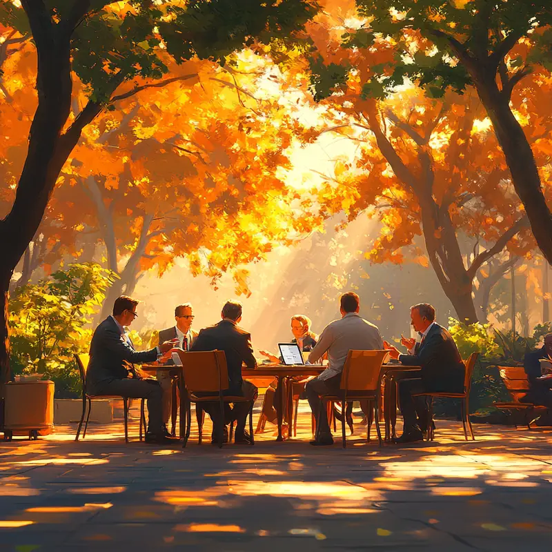 조용한 공원 공간에서 투자자들이 고수익 ETF에 대한 전략을 공유하며 따뜻한 자연 햇빛 아래 준비된 분위기를 조성합니다.
