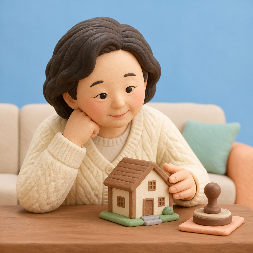 거실 탁자 위 집 모형과 도장을 바라보는 60대 여성