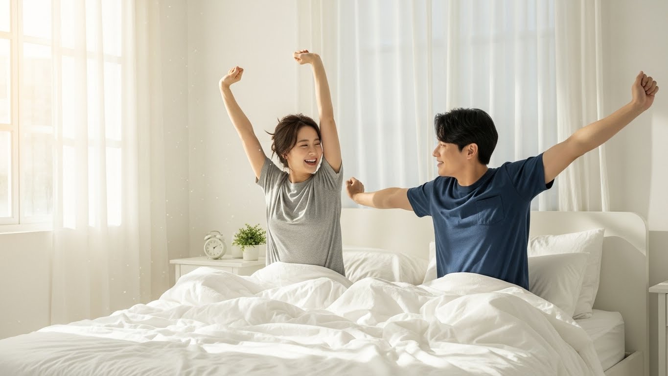 질 좋은 숙면 후 상쾌하게 기상하여 에너지가 넘치는 한국인 부부의 아침 모습