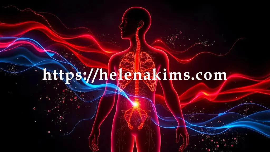 어둡고 탁한 배경 속에서 활력 넘치는 인간 실루엣이 역동적으로 움직이는 모습을 그린다. 실루엣의 몸 안팎으로 붉고 푸른 유선형의 빛 에너지(혈액/림프 순환)가 시원하게 흐르고, 피부에서는 미세한 땀방울 입자들이 증발하며 주변의 어두운 노폐물 입자들을 씻어내는 이미지.