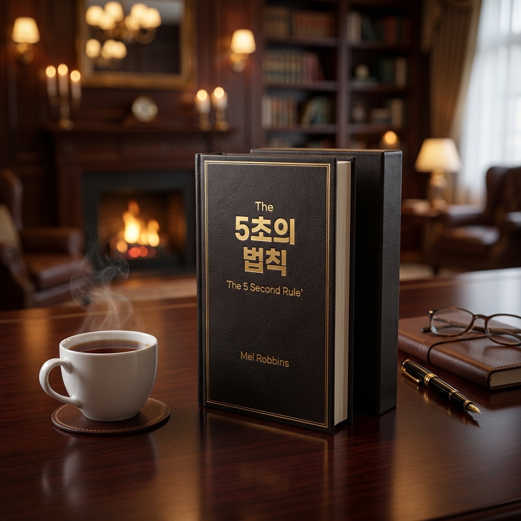 차분한 간접등 조명이 아스라하게 깔리는 클래식 서재 테이블 위, 단아하고 고급스러운 마감으로 거치된 멜 로빈스 저자의 행동 공학 명작 '5초의 법칙' 단행본 표지. 그 옆으로는 지적 혜안을 맑게 다스려주는 은은한 온기의 화이트 세라믹 머그잔이 조화를 이루며 정돈되고 무한한 평화 가득한 지성인의 집무실 풍경을 시네마틱하게 연출한 8k 라이프스타일 사진.