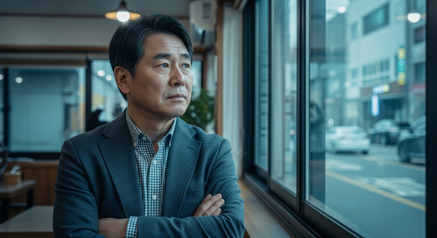 폐업한 가게 앞에서 막막한 표정으로 서 있는 중년의 사장님과 희망을 상징하는 노란 우산 그래픽.