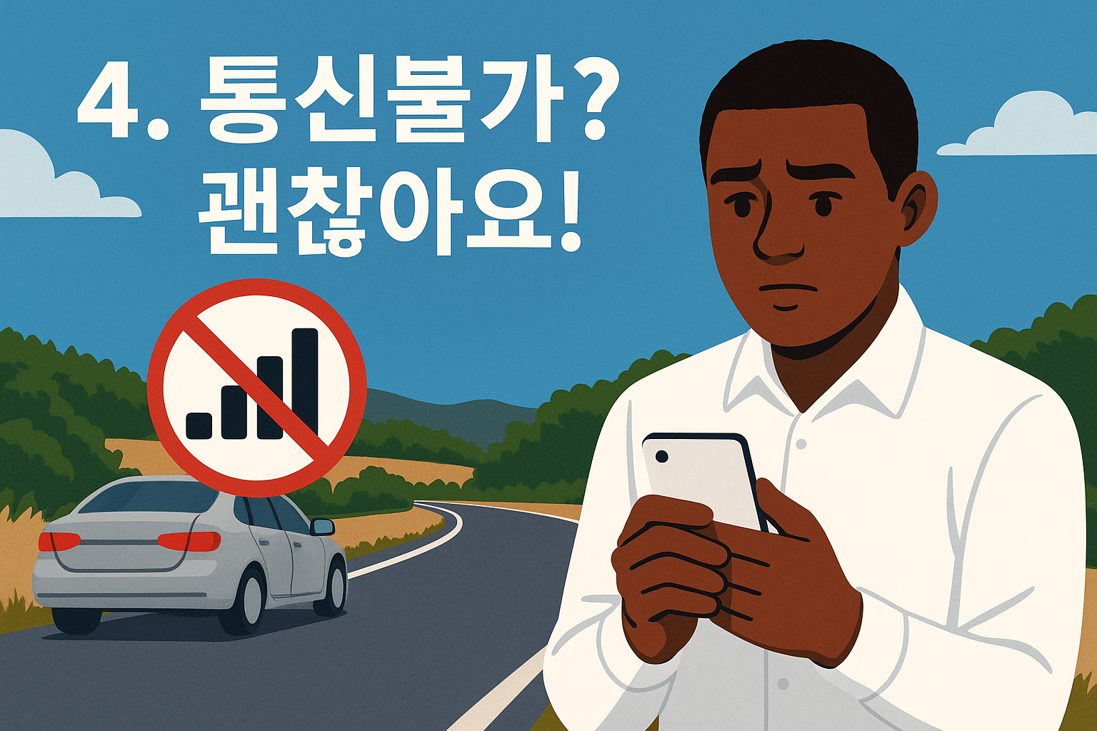 시골길 도로 위에서 휴대폰을 바라보는 남성과 ‘신호 없음’ 아이콘이 함께 표현된 이미지