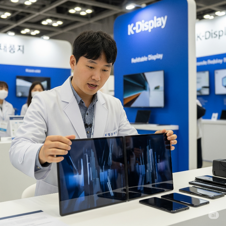 K-Display 전시회에서 폴더블 디스플레이 기술을 시연하는 한국인 기술자