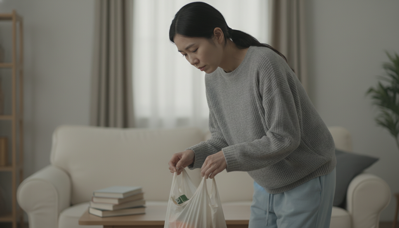 만성 피로와 근력 약화를 겪는 30대 여성이 장바구니를 들고 힘들어하는 모습