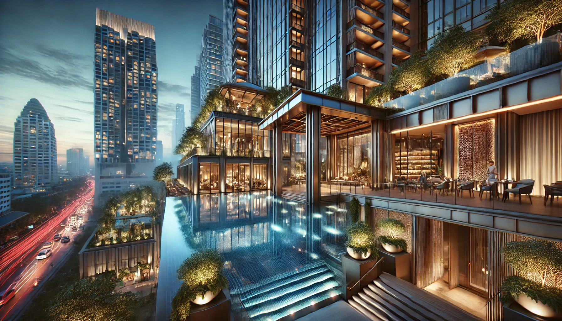 방콕의 럭셔리 호텔 전경을 담은 고품질 이미지