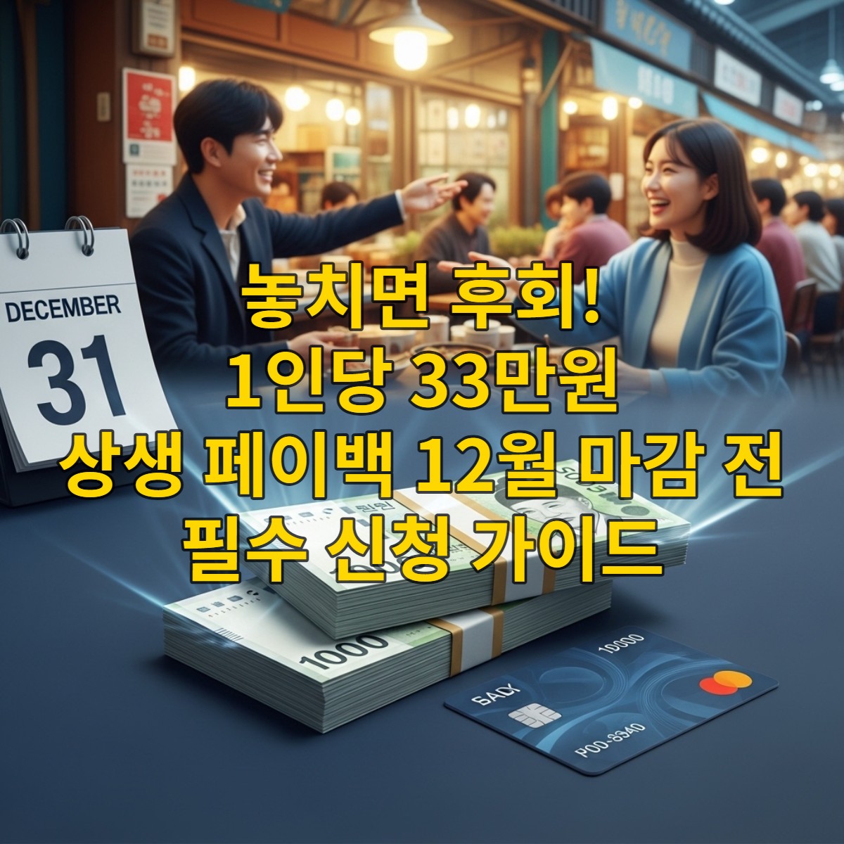 최대 33만원의 정부 지원금 '상생 페이백' 신청 마감일인 12월 31일을 앞두고, 활기찬 전통시장에서 쇼핑하는 사람들과 카드, 지폐가 어우러진 장면을 통해 연말 소비 혜택과 경제 활성화를 표현한 이미지