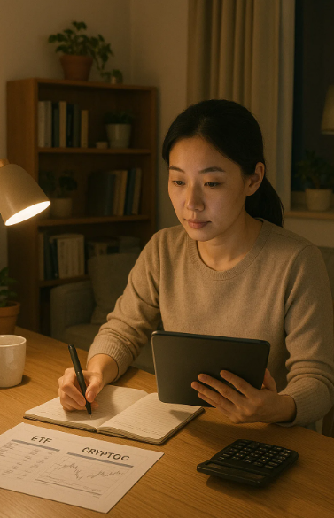 워킹맘이 집에서 ETF와 코인 등 소액 재테크 루틴을 정리하는 모습