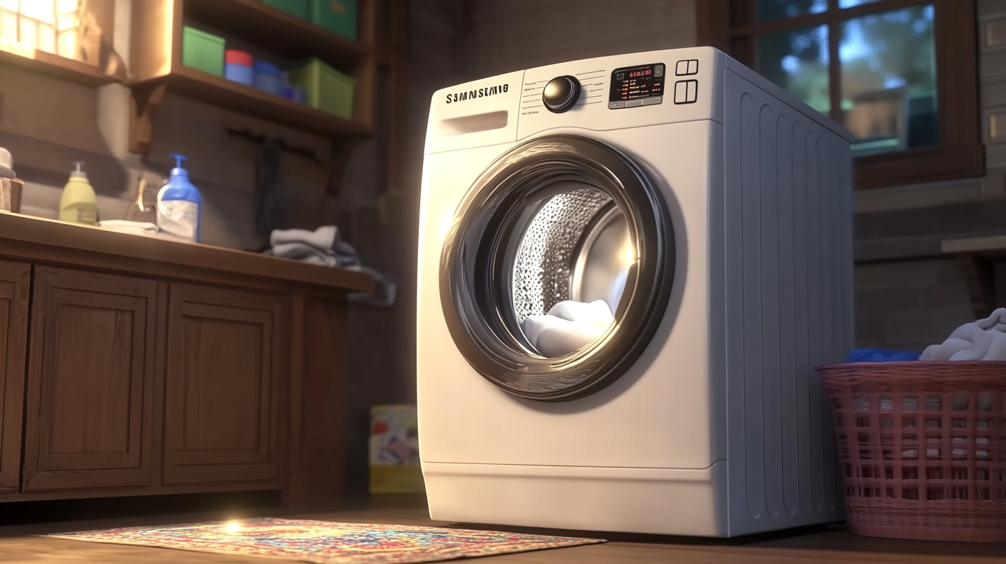 밤 시간대에도 조용히 작동하는 삼성 세탁기가 있는 어둑한 세탁실, 부드러운 소리와 사방으로 확산되는 작은 불빛