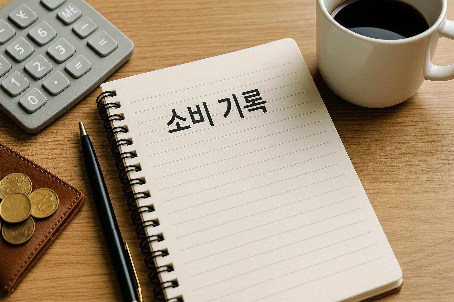 책상 위에 ‘소비 기록’이라는 제목이 적힌 스프링 노트, 검정색 펜, 회색 계산기, 커피잔, 동전과 지갑이 가지런히 놓여 있다. 일상 속 소비 기록 습관을 실천하는 모습을 상징적으로 보여주는 사진