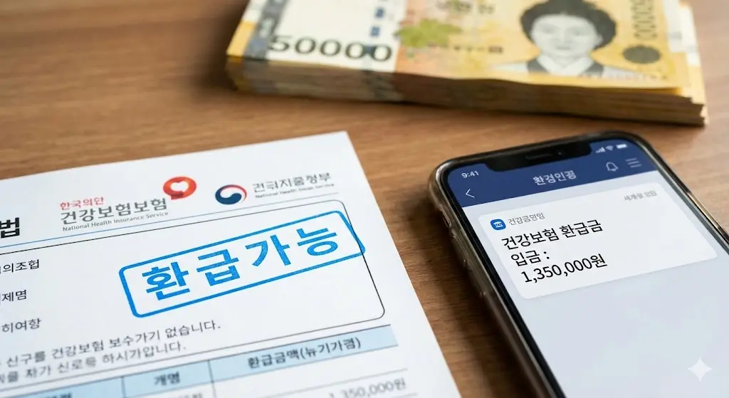 2026년 건강보험 본인부담상한제 환급금 고지서 및 135만원 입금 내역, 의료비 환급 신청 결과 스마트폰 화면