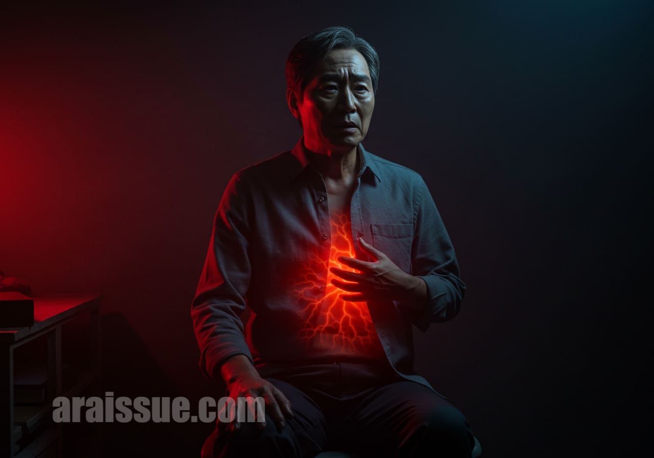 피부 아래 붉은 염증이 퍼지는 모습의 불안한 사람.