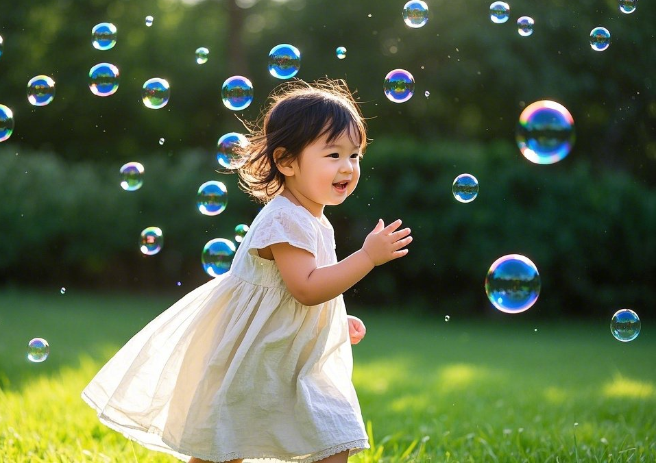 야외에서 비눗방울을 쫓으며 시각과 촉각을 자극받는 어린 아이의 활기찬 모습