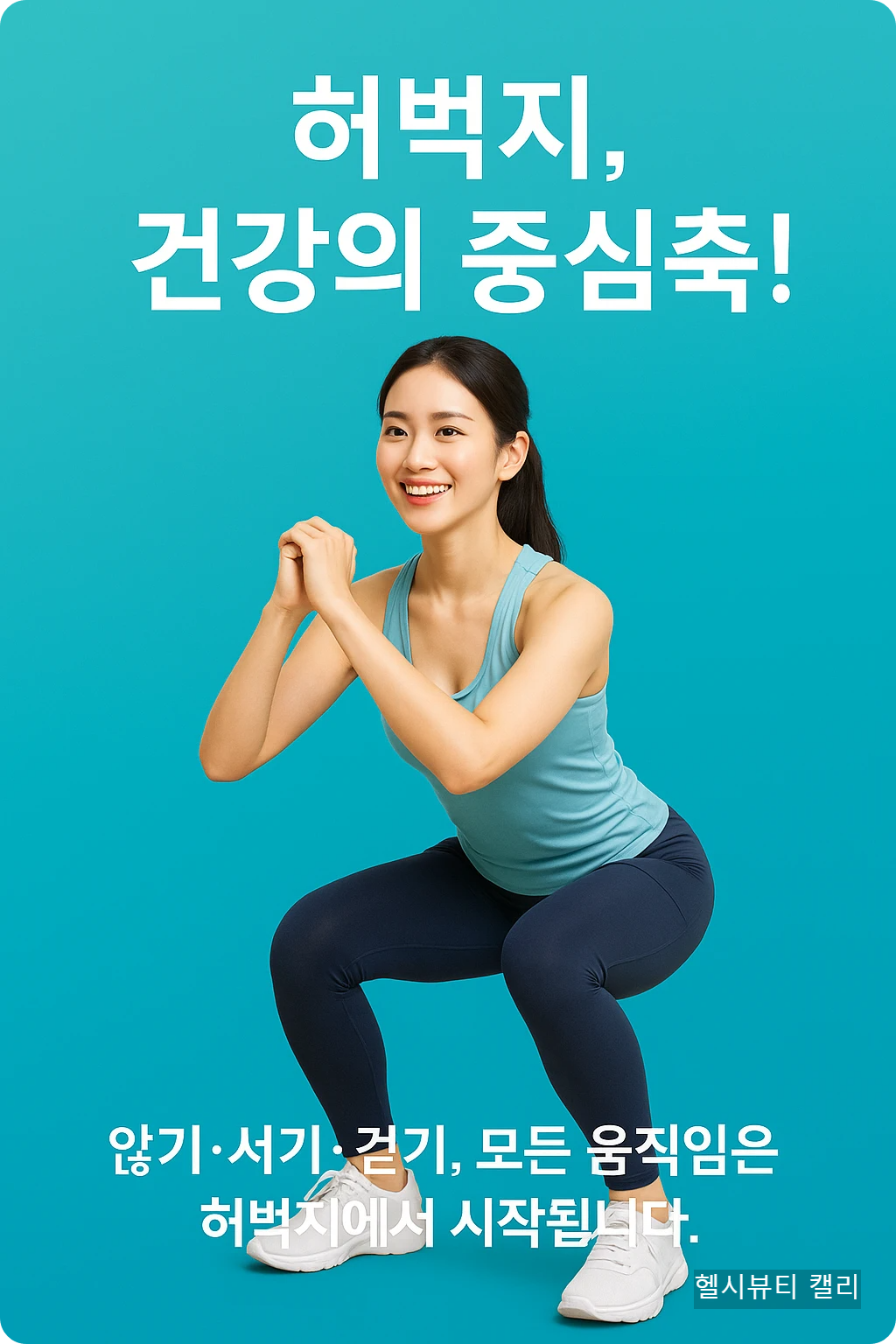 스쿼트 자세를 취하며 웃고 있는 젊은 여성 모델, 민트색 배경 위 건강 메시지
