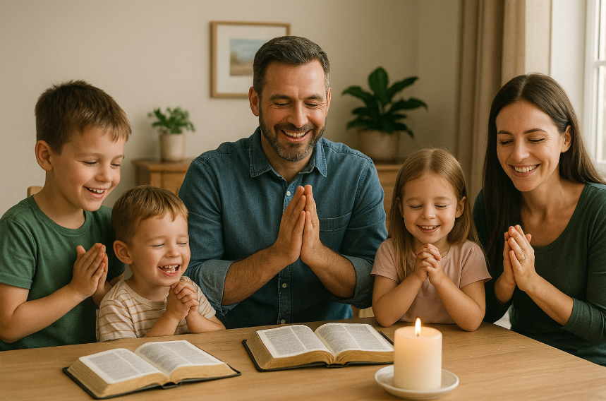 아이들과 함께 가정예배를 드리고 있는 가족의 모습