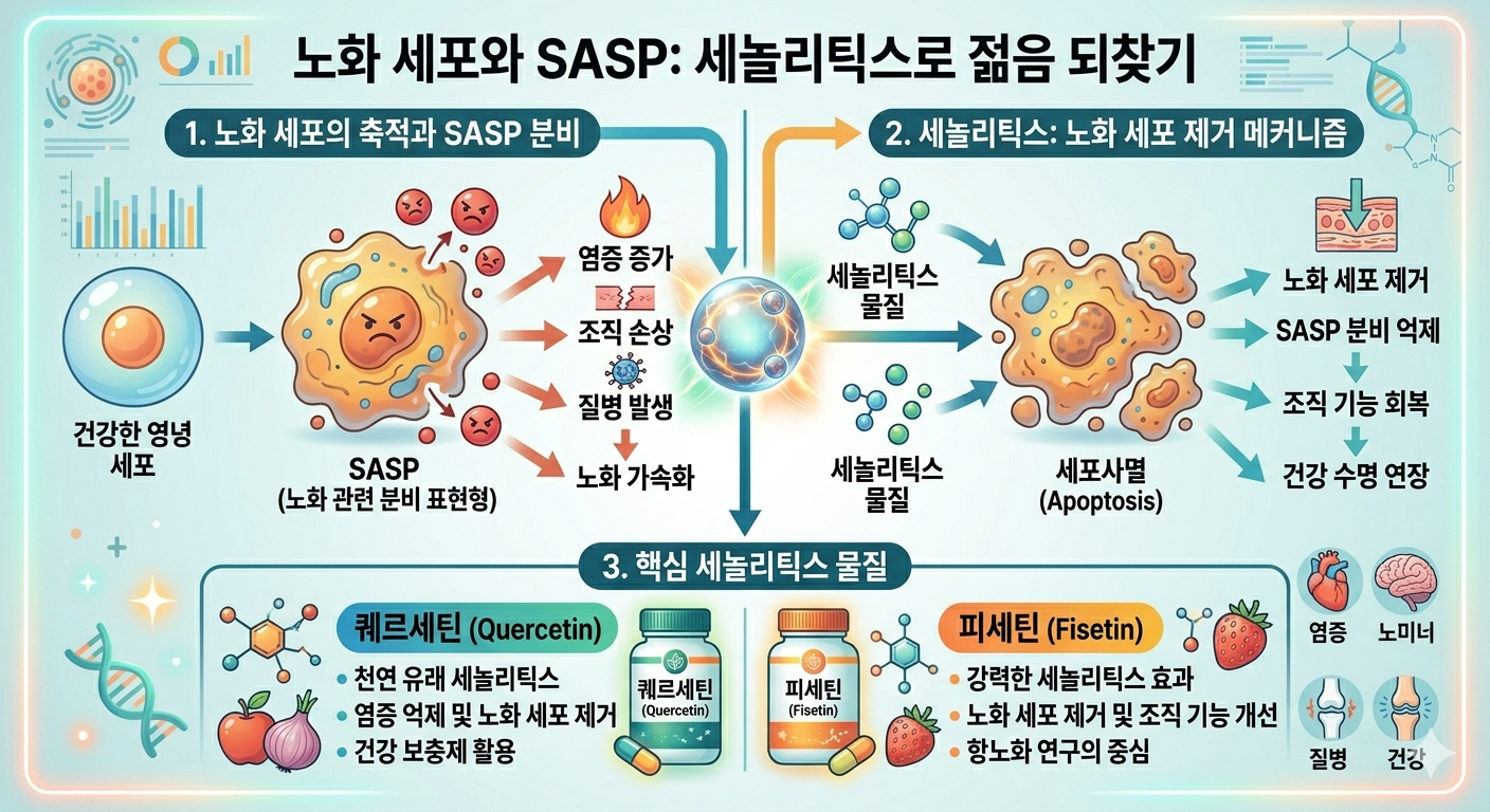 노화 세포 좀비 세포 SASP 인플라메이징 &mdash; 세노리틱스 다사티닙 케르세틴 피세틴 임상 근거 항노화 전략