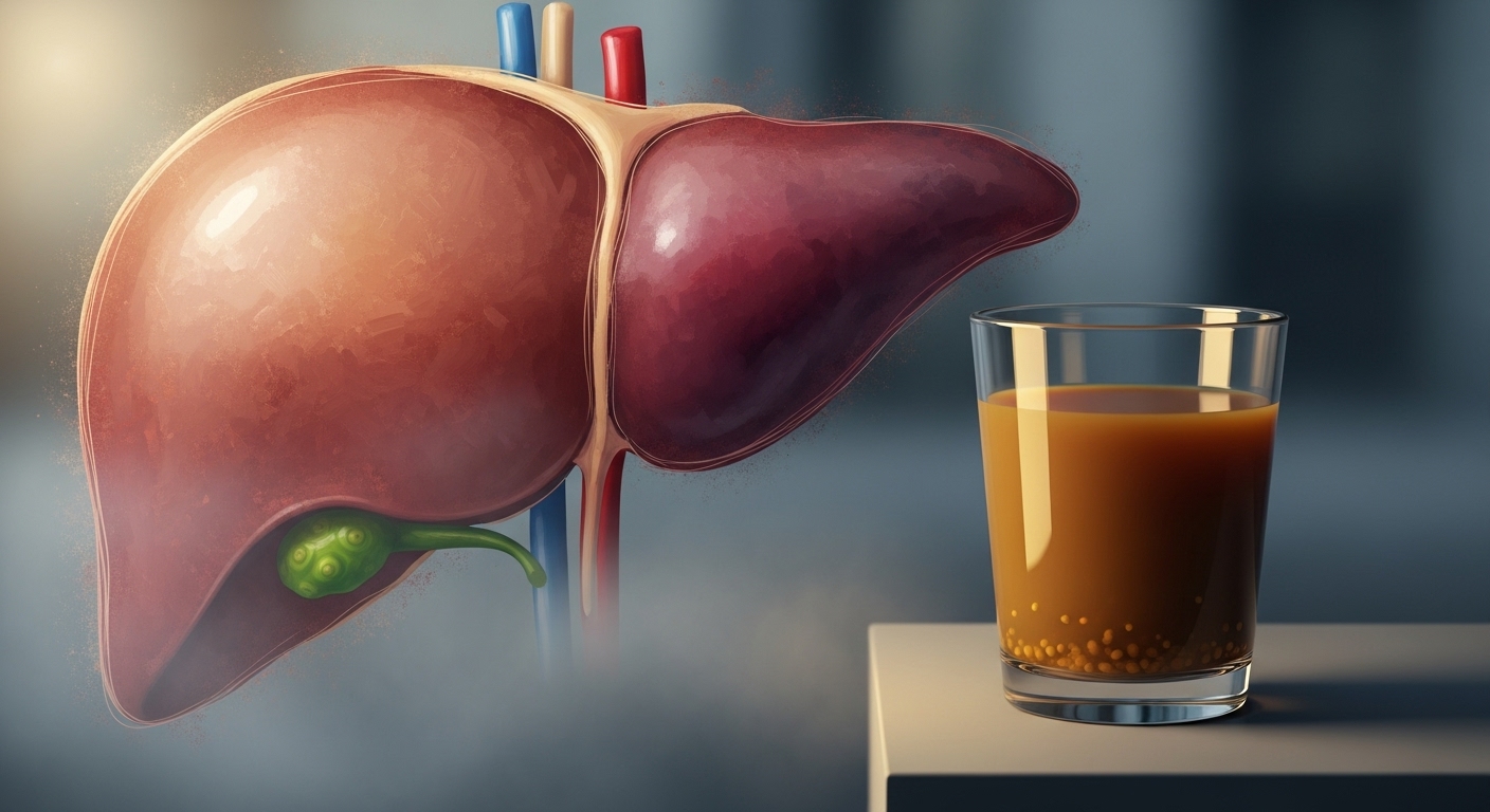 노니 주스와 함께 간 건강의 중요성을 시사하는 추상적인 간 이미지