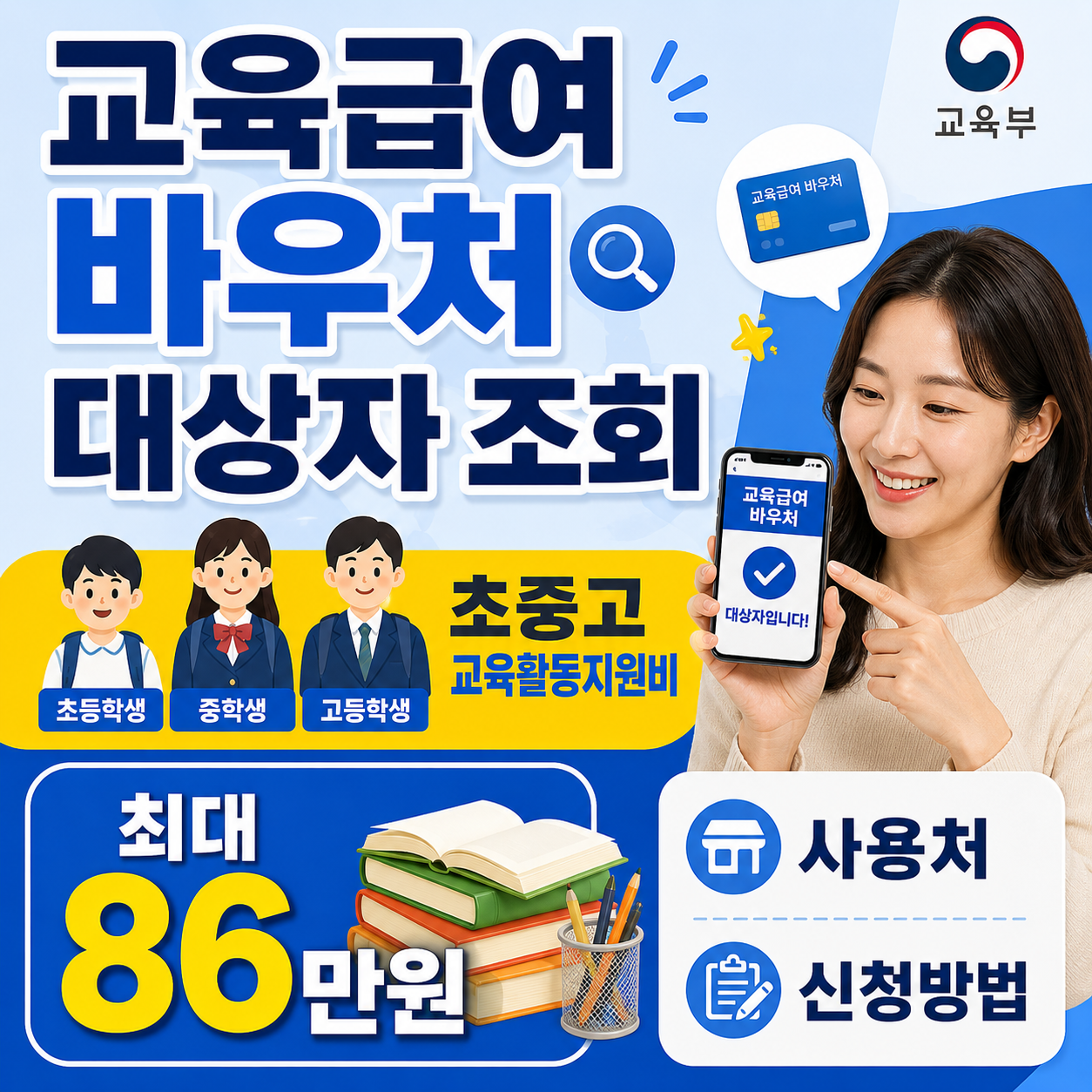 교육급여 바우처 대상자 조회 안내 썸네일로 초등학생, 중학생, 고등학생 아이콘과 학부모가 스마트폰으로 지원금 조회하는 장면, 최대 86만원 및 사용처&middot;신청방법 문구가 강조된 이미지