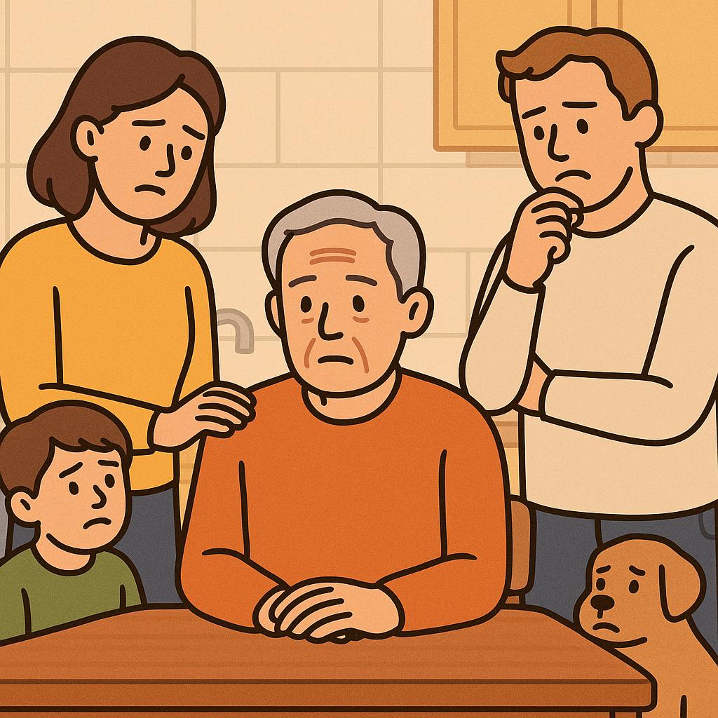 치매노인이 식탁에 앉아 멍하니 앞을 보고 가족들이 걱정하는 모습의 만화체 그림