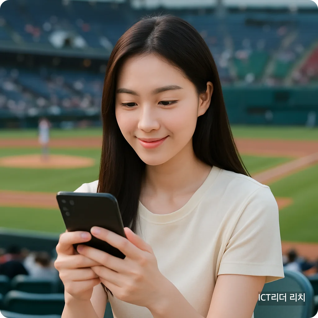 야구장 관중석에서 스마트폰을 들고 중계를 시청하는 여성