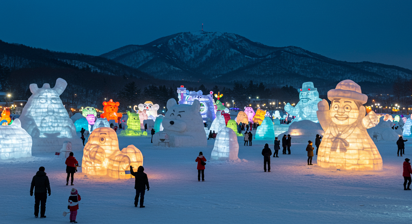 강원도 태백산 눈꽃 축제의 야간 눈조각 전시 모습