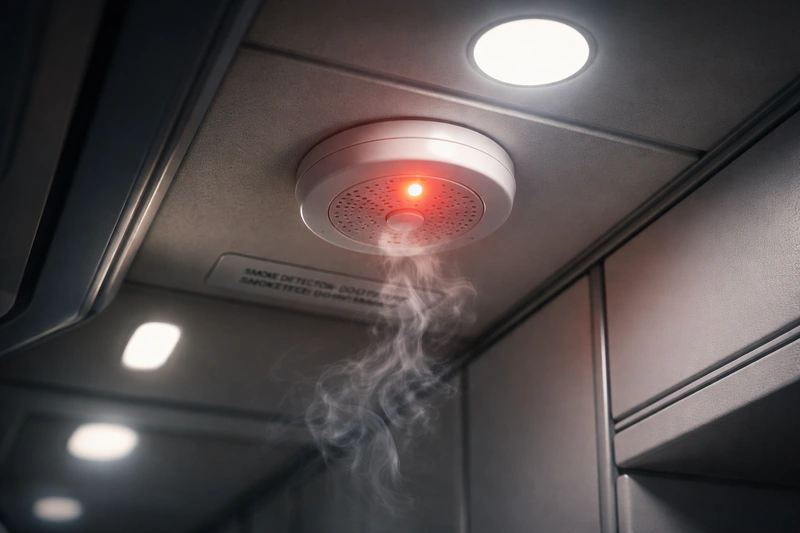 비행기 화장실 천장에 설치된 연기 감지기가 빨간색으로 점멸하고, 아래에서 옅은 연기가 올라오는 모습을 표현한 이미지