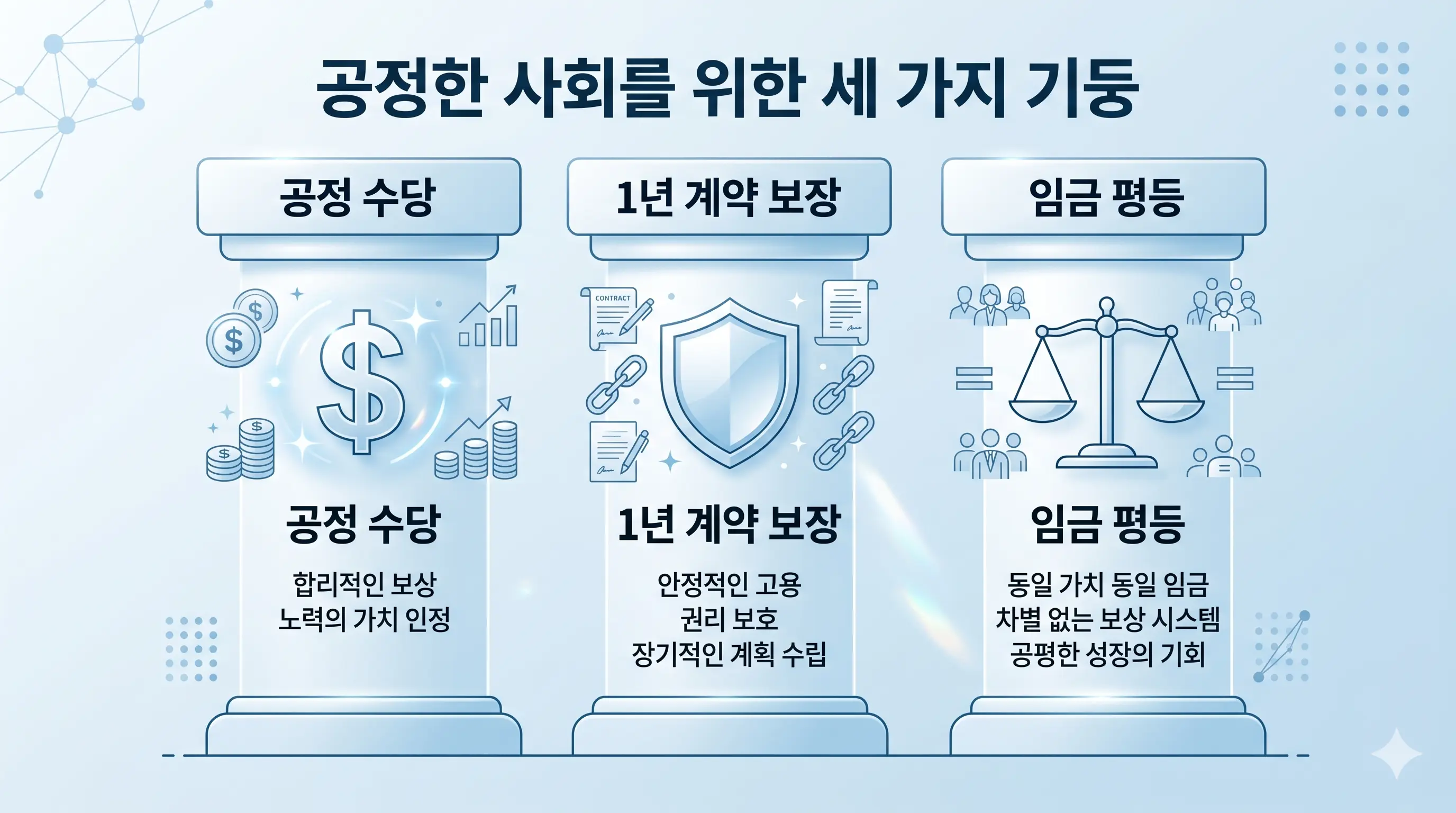 공공부문 공정수당, 1년 계약 보장, 임금 평등을 나타내는 인포그래픽