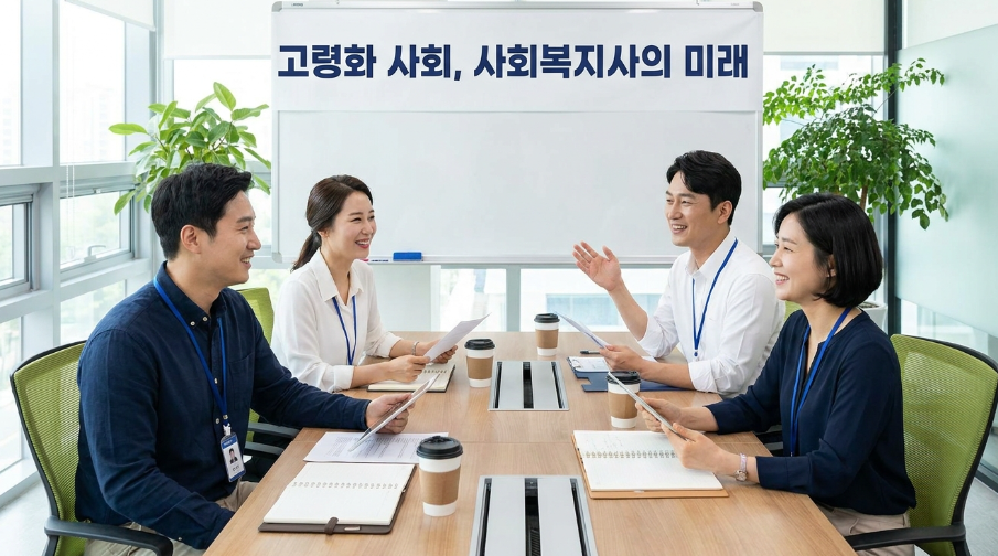 깔끔한 복지관 사무실에서 동료들과 회의하며 활짝 웃고 있는 사회복지사들