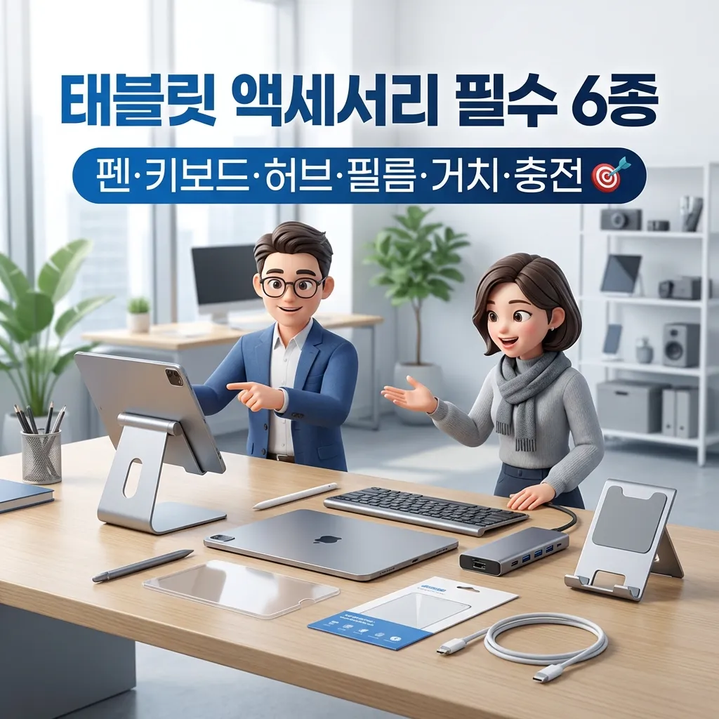2026년 태블릿 액세서리 필수 6종 체크리스트 펜 키보드 허브 필름 거치대 충전기를 설명하는 한국인 3D 캐릭터와 테크 워크스페이스 배경