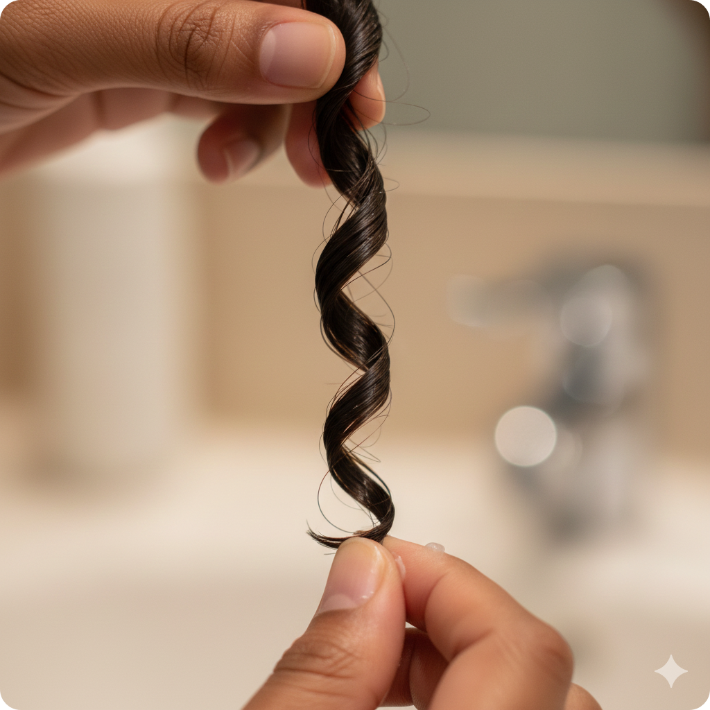 손가락 끝으로 머리카락 한 가닥을 꼬아 디테일한 컬을 잡는 클로즈업 이미지.