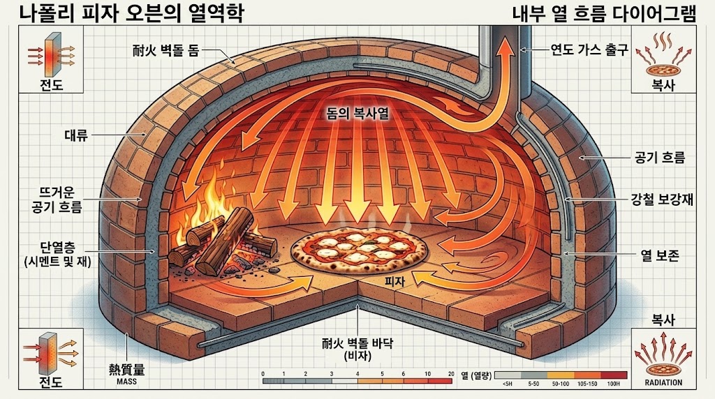 화덕 돔 내부에서 발생하는 복사열과 참나무 장작의 화염 대류열 순환 구조