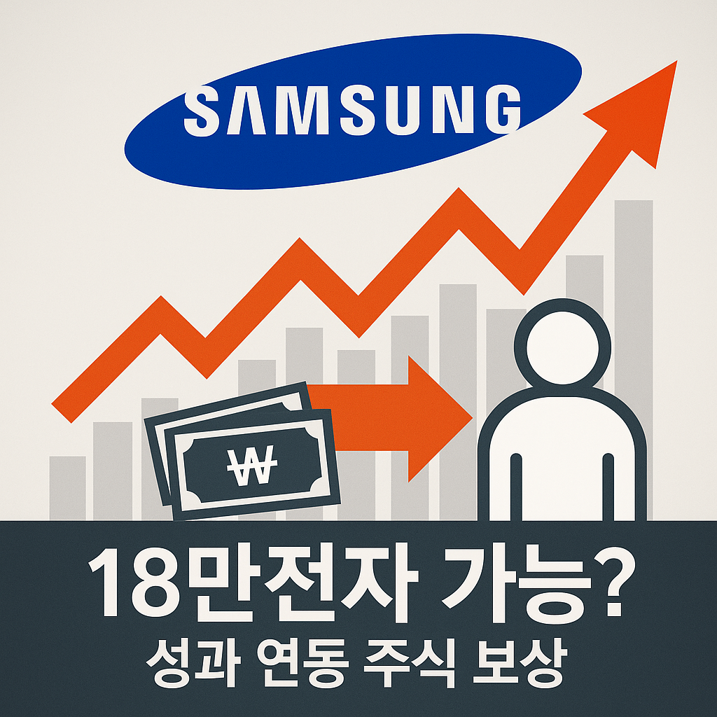 삼성전자 로고, 상승하는 주가 그래프, 직원 보상 화살표로 구성된 경제뉴스 스타일 이미지