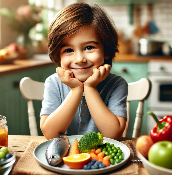 음식이 놓인 식탁 앞에서 웃고 있는 아이