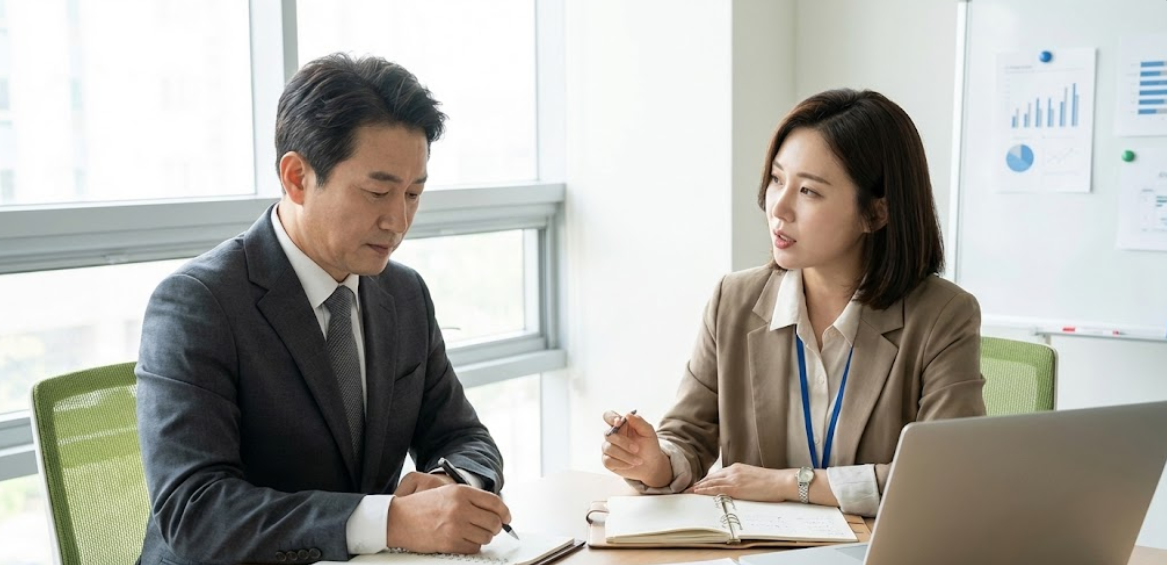 한 중장년 남성이 전문가와 1:1로 진지하게 창업 상담을 받으며 메모하는 모습