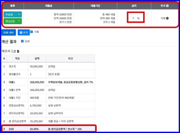 금리 7% 일시 DSR 값변화 이미지
