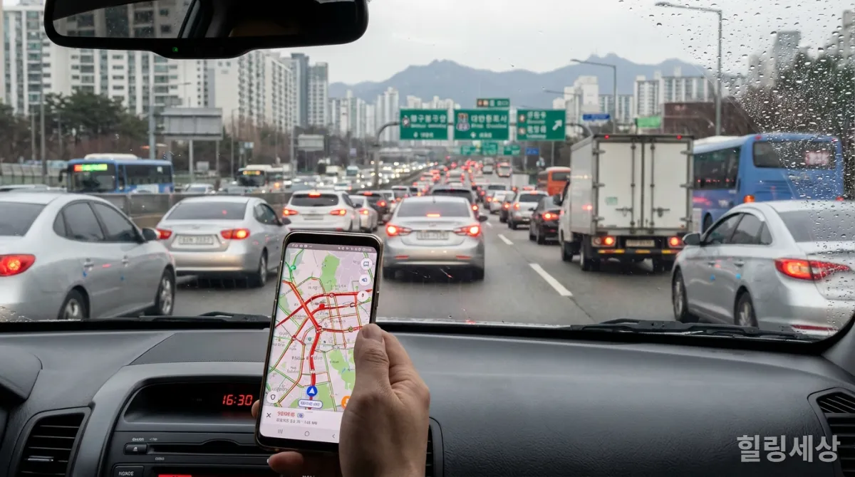교통 체증으로 가득 찬 고속도로와 실시간 교통 정보를 보여주는 스마트폰