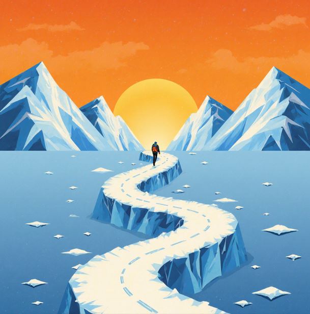 건강한 목표 설정 방법을 상징하는 산 정상으로 이어지는 길과 따뜻한 일출 배경의 일러스트