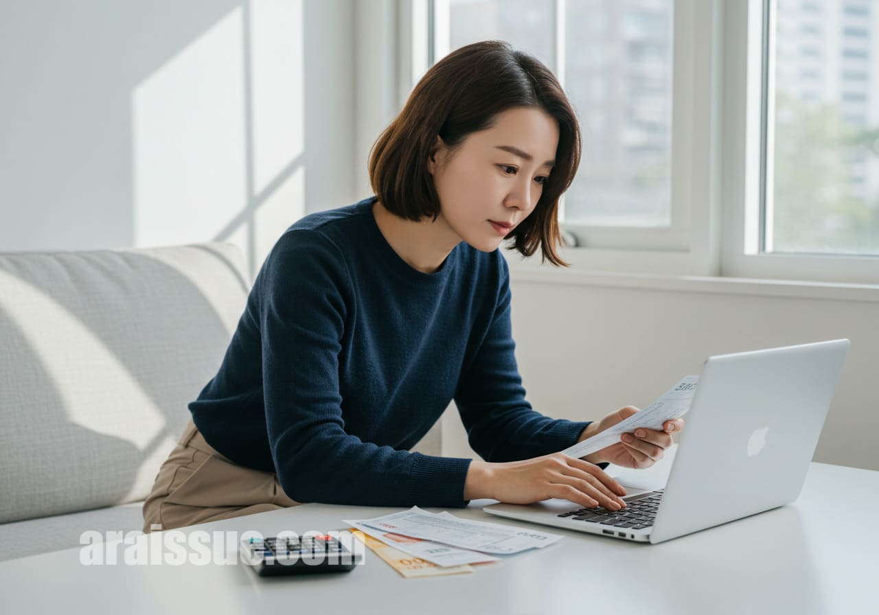 한국 여성이 식료품 영수증과 계산기를 옆에 두고 노트북으로 비용을 계산하고 있습니다.
실내는 밝고 현대적인 분위기입니다.