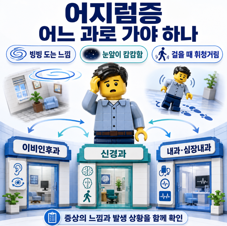 빙빙 도는 느낌과 눈앞이 캄캄함, 걸을 때 휘청거림에 따른 어지럼증 첫 진료과 안내