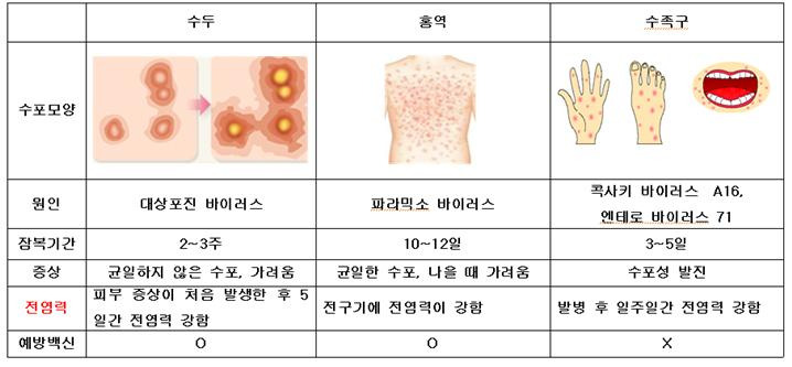 수두와 홍역, 수족구 비교표